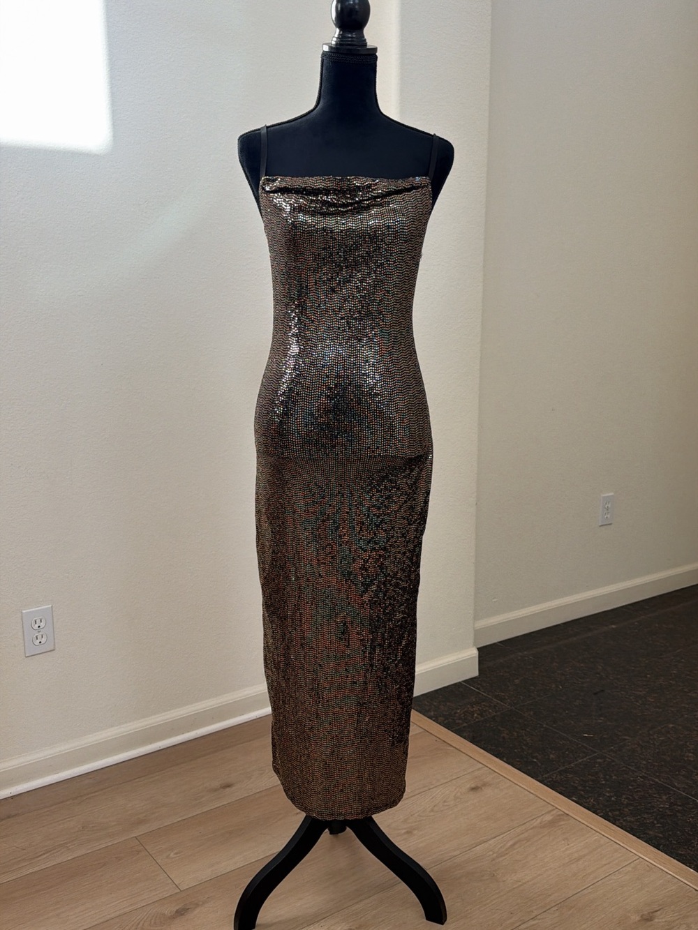 Bebe Metallic Gold Cowl Neck Maxi Dress Y2K Size S